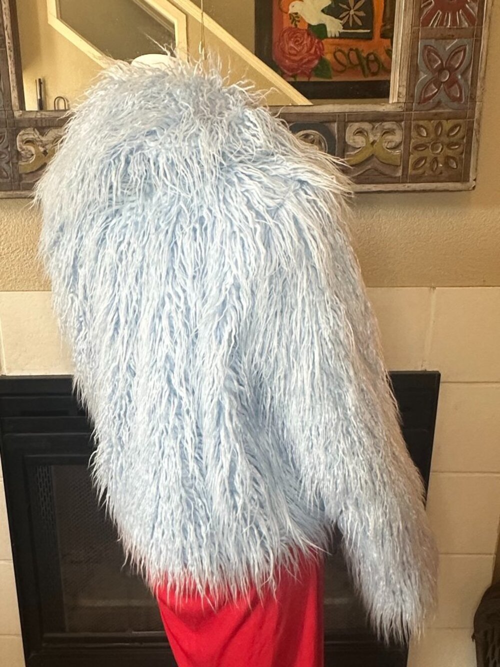 VTG FOREVER21 Blue Long Hair Faux Fur open Jacket Large Long Sleeve Collared - Picture 10 of 16